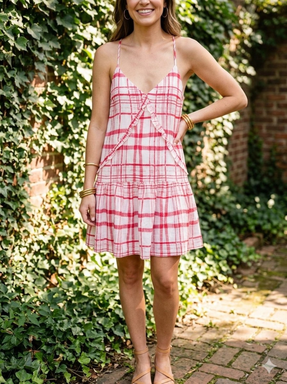 NWT Avec Les Filles Plaid Windowpane Grid Check Mini Dress Vanilla White Red S